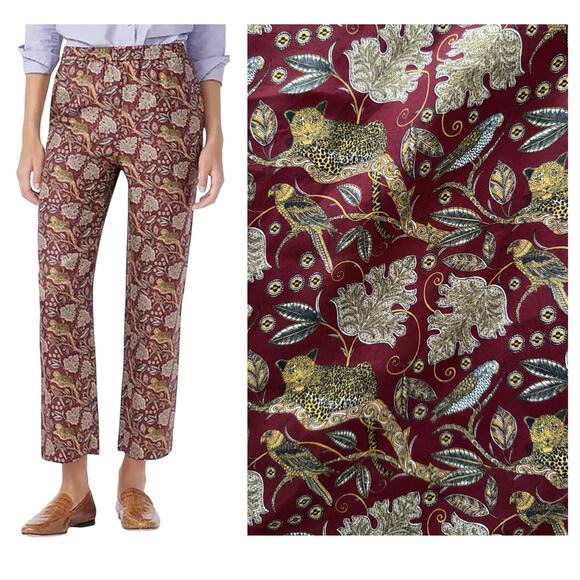 J. Crew Pants - J. Crew Silk Twill Pull On Pants Jungle Cat Floral Print Burgundy Women’s Size 2